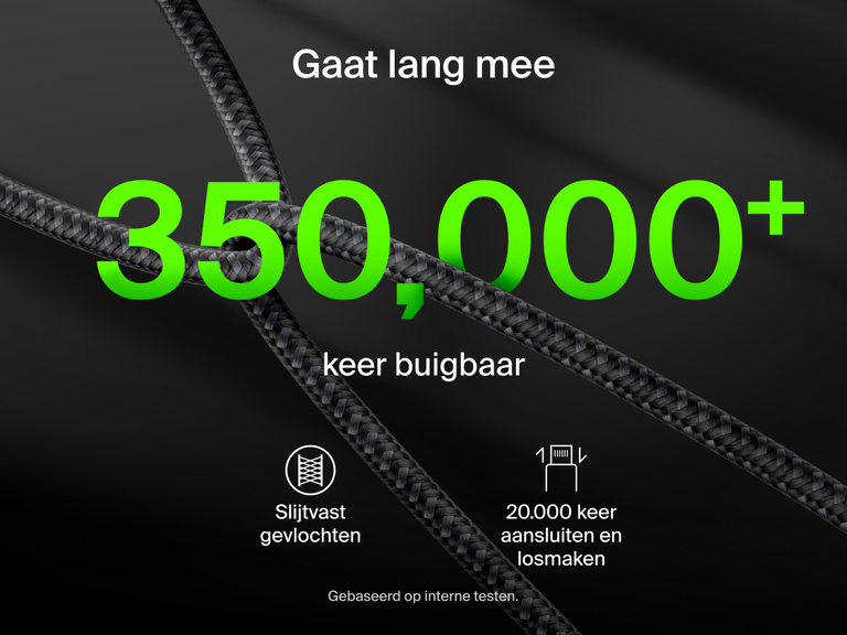 Afbeelding van een Belkin BoostCharge Pro gevlochten USB-C/2x USB-C-kabel die gemaakt is om lang mee te gaan. Hij heeft een slijtvaste gevlochten buitenkant, is ten minste 350,000 keer buigbaar en kan 20.000 keer worden aangesloten en losgemaakt.